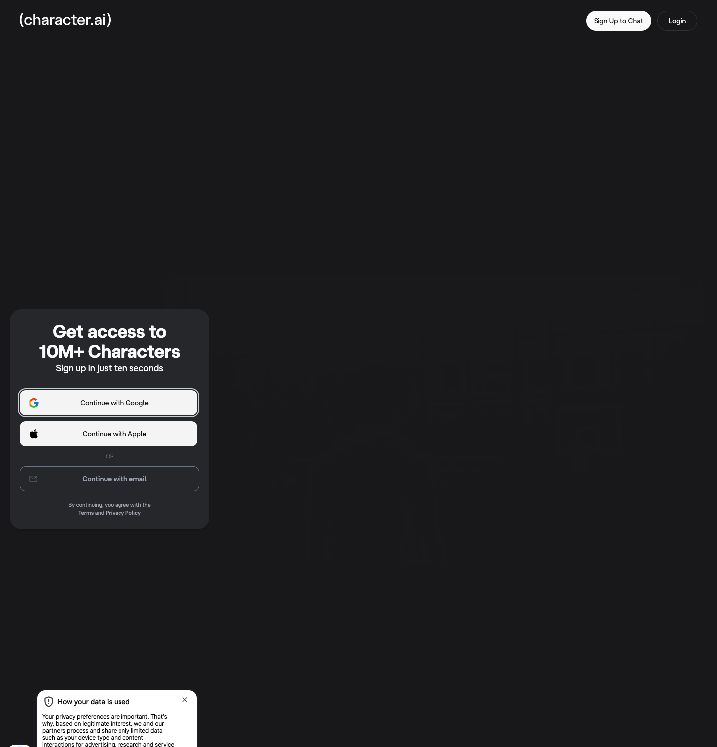 Character.AI homepage captured in a browser frame, July 2026